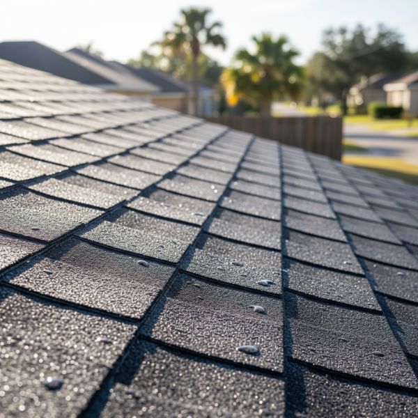 Close-up of a high-quality asphalt shingle roof demonstrating material durability in the Florida sun. Close-up of a high-quality asphalt shingle roof demonstrating material durability in the Florida sun.