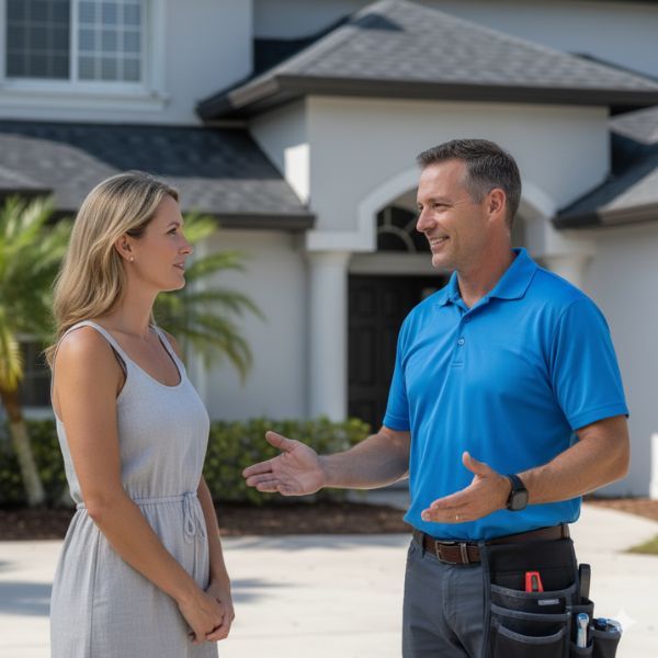 Roofing foreman engaging in a friendly, attentive conversation with a homeowner on a front porch, symbolizing customer service. Roofing foreman engaging in a friendly, attentive conversation with a homeowner on a front porch, symbolizing customer service.