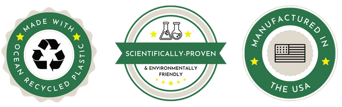 made with recycled plastic, scientifically proven and enviromentally friendly, manufactured in the USA