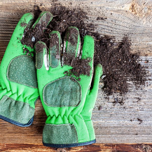 Gardening gloves under a pile of dirt