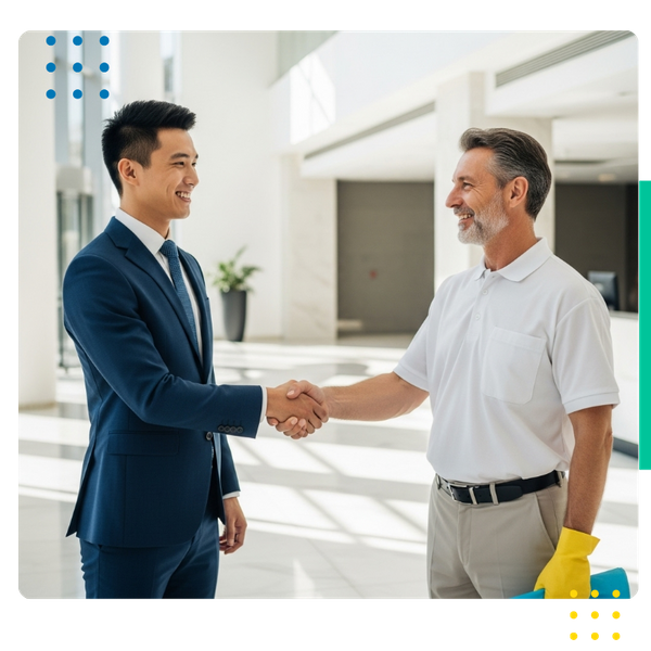 a handshake between a business manager and a cleaning service manager in a professional setting