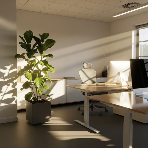 Bright sunlight illuminates a healthy green plant on a desk in a clean office.