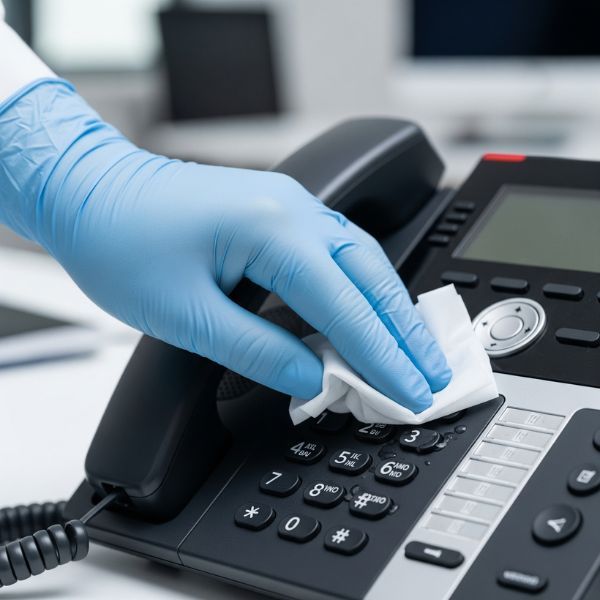 A professional cleaner in a blue glove carefully sanitizes an office telephone.