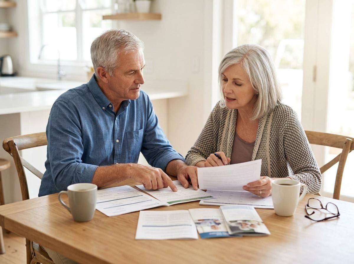 Senior couple reviewing documents at home