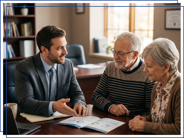 insurance agent discussing charts with a senior couple.