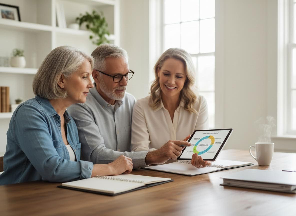 Senior couple and advisor reviewing financial data on a tablet