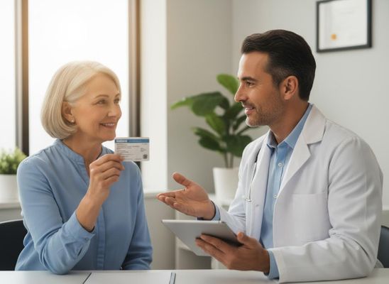 A smiling senior woman holds her health insurance card up to a male doctor who is holding a tablet and gesturing in a bright office. Senior woman shows health card to male doctor