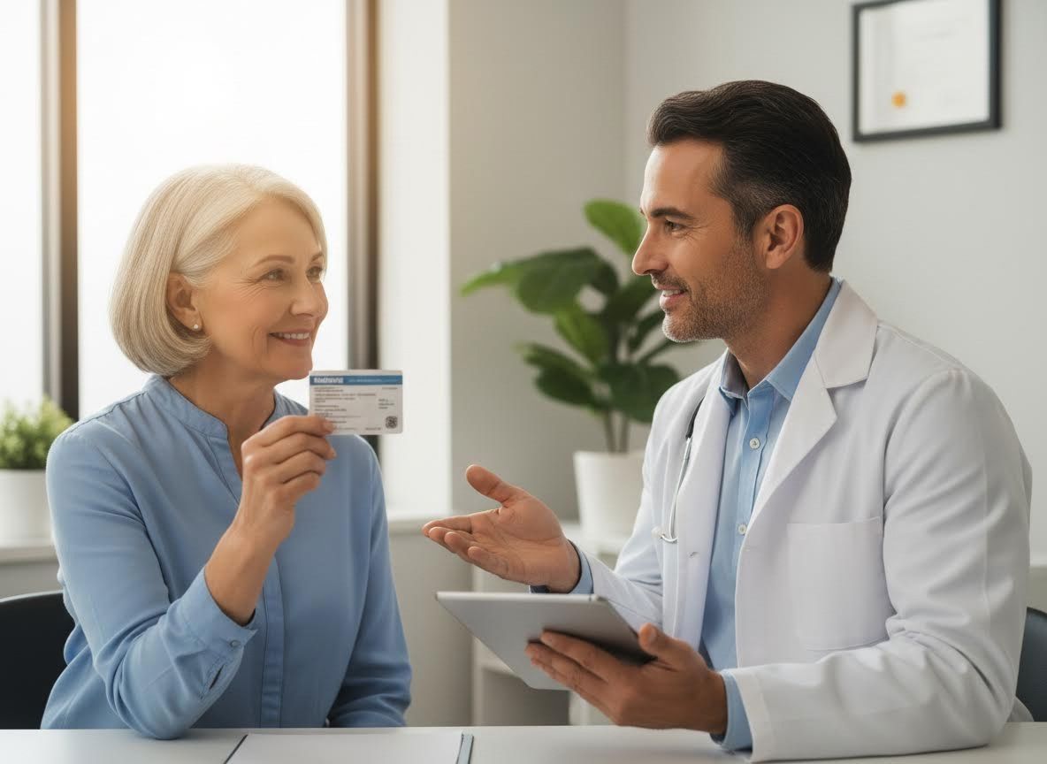 Senior woman shows health card to male doctor