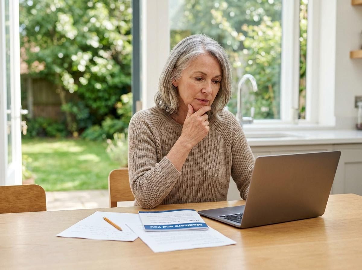 Senior woman researching health information on laptop