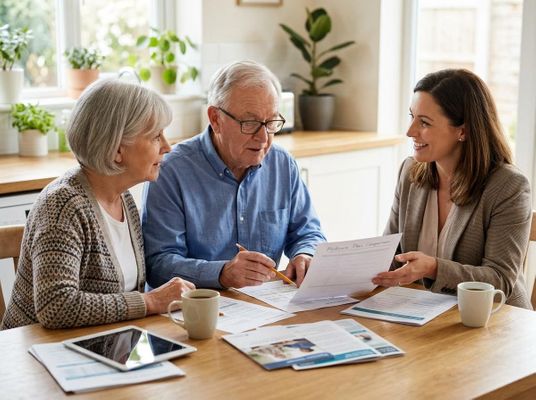 An older man and woman review a 'Medicare Plan Comparison' document with a smiling female advisor at a kitchen table. Senior couple discussing Medicare plans with an advisor