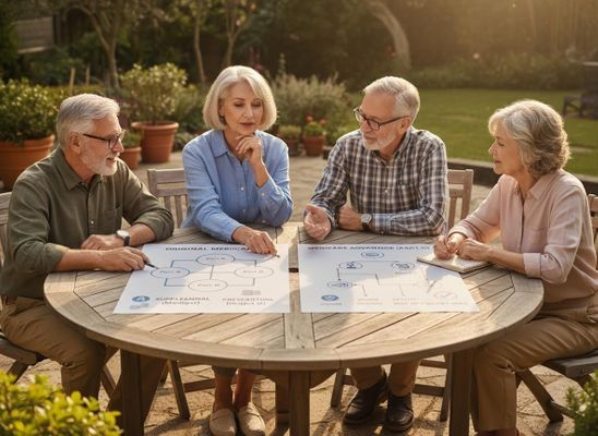 Four older adults review large diagrams detailing Original Medicare and Medicare Advantage options at a wooden table in a sunny garden. Seniors Discussing Medicare Plans Outdoors