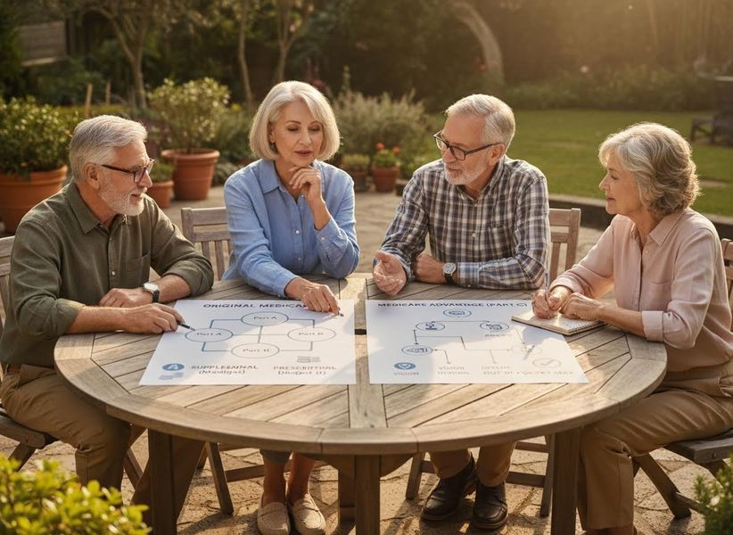 Seniors Discussing Medicare Plans Outdoors