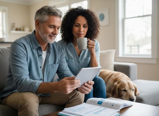 A man and a woman sit on a couch looking at a tablet, while their golden retriever sleeps beside them. The woman holds a mug. Couple and dog relaxing at home with a tablet