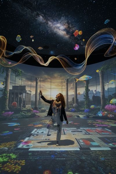 A woman walks through a projected, photorealistic floorplan of a sleek, modern apartment, looking down at the detailed layout on the floor.