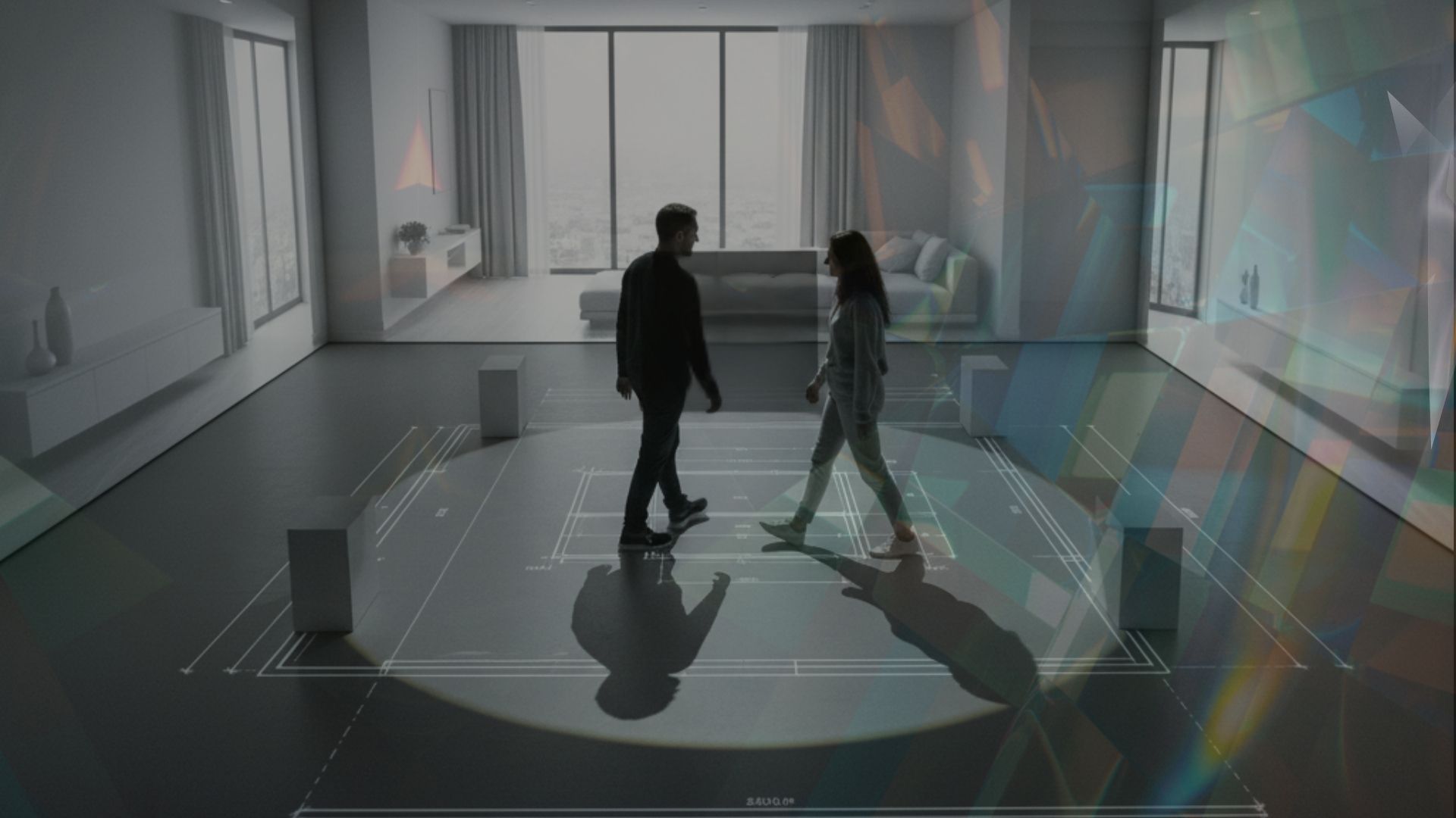 Two individuals walking through a projected 3D rendering of a minimalist modern living room, appearing to step over digital furniture.