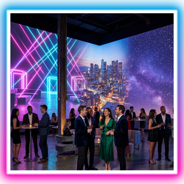 Immersive event venue changing between neon lounge, city skyline, and starry night projection
