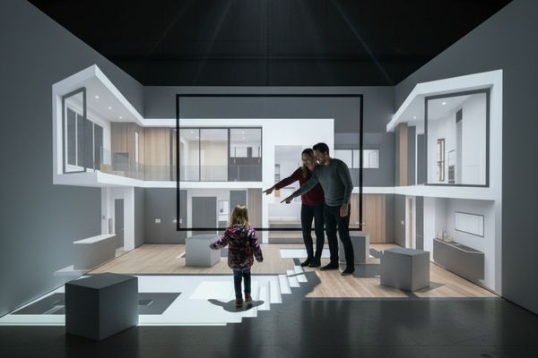 A family of three (two adults, one child) exploring an interactive projection of a multi-story modern house, with the child playfully trying to "climb" a projected staircase.