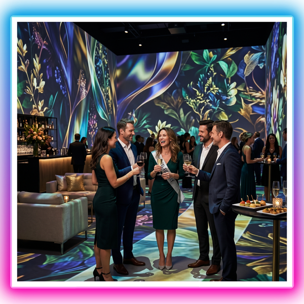 immersive event venue with floor-to-ceiling projections, upscale adult birthday gathering