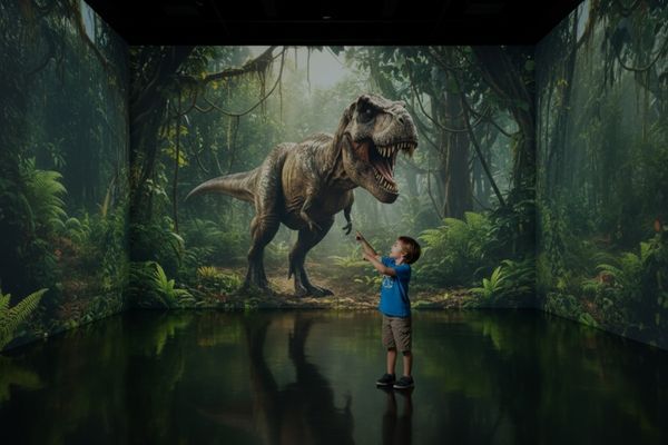 A child points excitedly at a massive, photorealistic Tyrannosaurus Rex stomping through a jungle, part of an immersive educational field trip projection.