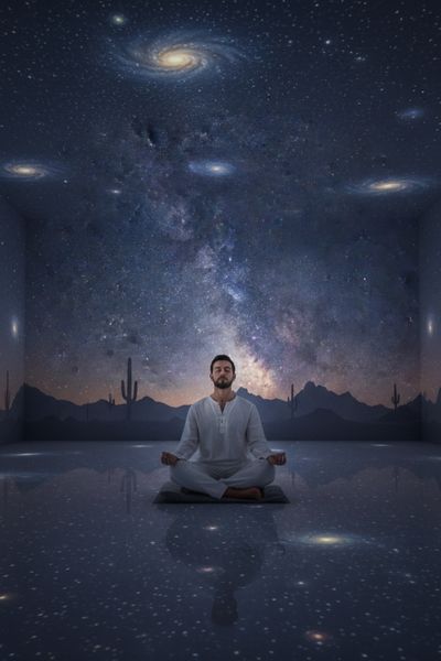 A man meditates in a photorealistic immersive yoga space, with a calming projection of a starlit desert night sky and distant galaxies overhead.