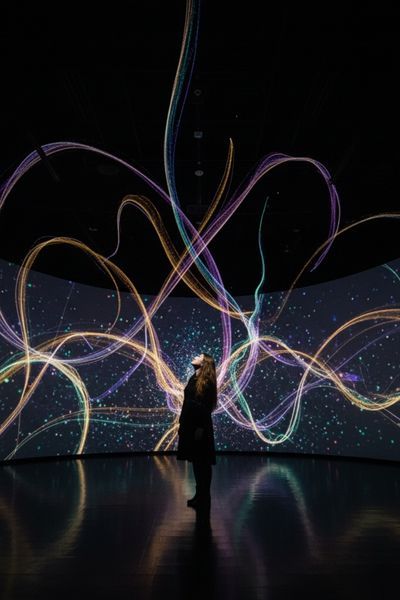 A woman looks up, captivated by photorealistic, shimmering ribbons of light that dance and intertwine, visually interpreting the melody of a cello in a synesthesia room.