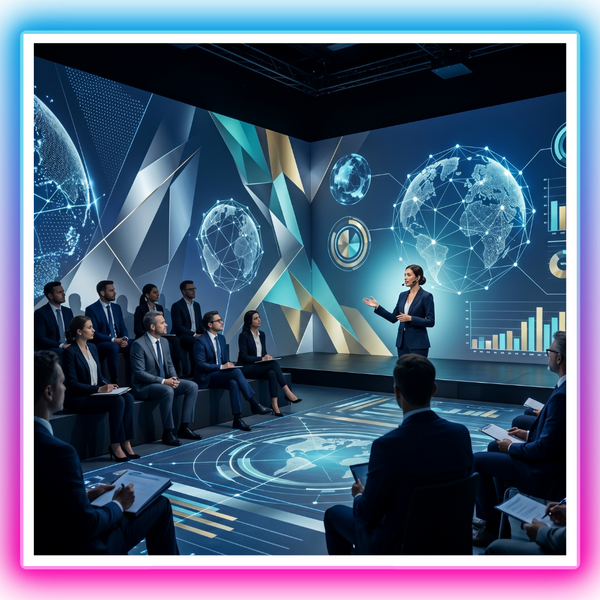 Corporate presentation inside immersive projection space, company branding projected on large walls