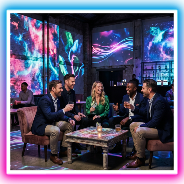 Fashionable adults enjoying cocktails and conversation in immersive nightlife-inspired venue