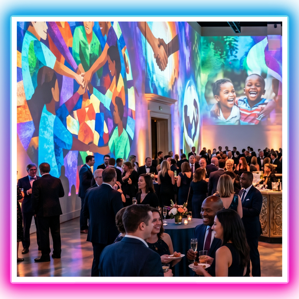 Charity fundraiser event with guests mingling under immersive projection displays
