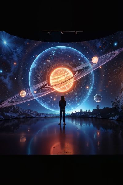 person stands in front of view of planets in outer space