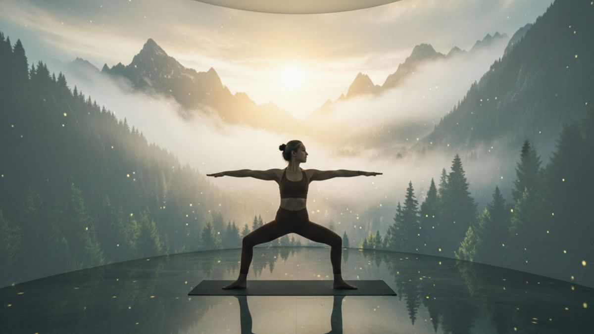woman doing yoga with digital mountainscape  