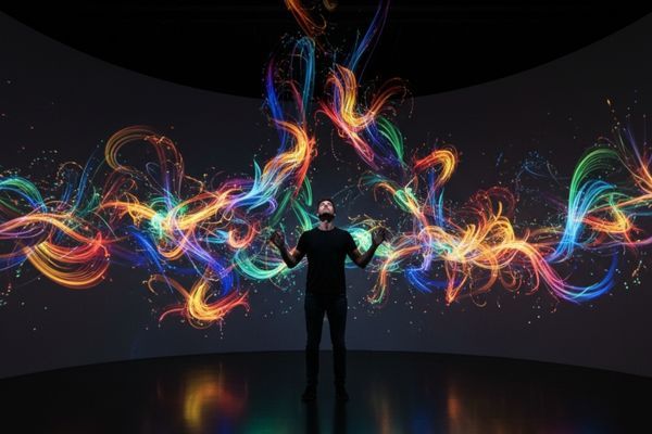 A man is enveloped in a photorealistic immersive synesthesia experience, with swirling, luminous patterns of light vividly representing the sound waves of string instruments around him.