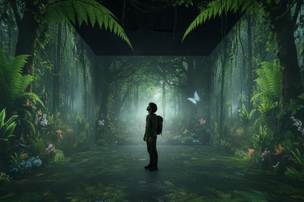 A lone figure stands in a photorealistic immersive conservation experience, surrounded by the dense, verdant foliage and mist of an Amazonian rainforest.