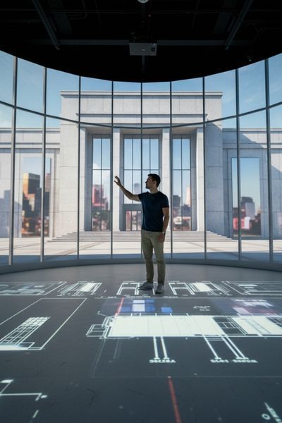 A man stands in an immersive projection of a photorealistic architectural rendering of a grand, contemporary museum facade, reaching out as if to touch a wall.