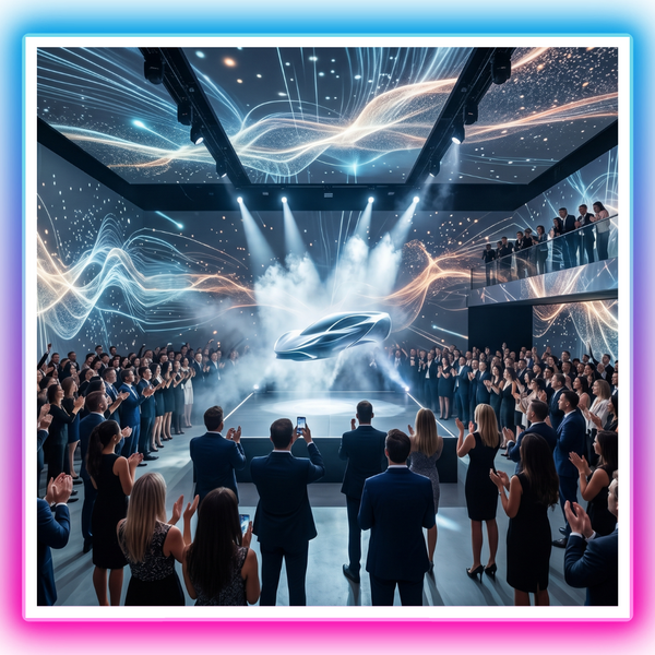 Corporate launch party with dramatic product reveal, immersive digital projections
