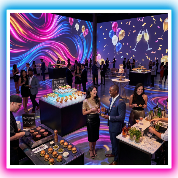 catered birthday event with gourmet food stations, cocktails, stylish adults mingling inside immersive projection venue