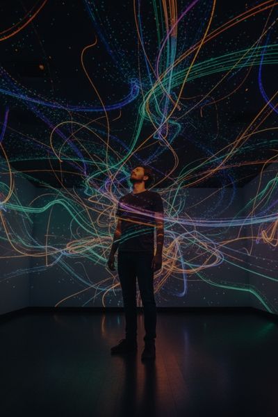 A man is enveloped in a photorealistic immersive synesthesia experience, with swirling, luminous patterns of light vividly representing the sound waves of string instruments around him.