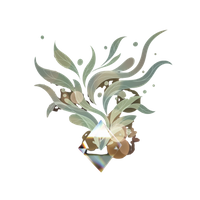 An icon depicting a light prism projecting ethereal, transparent, organic, and flowing shapes in subtle natural tones (like light greens, blues, and gentle ambers) that evoke leaves and water, representing dynamic, evolving art, against a dark background w