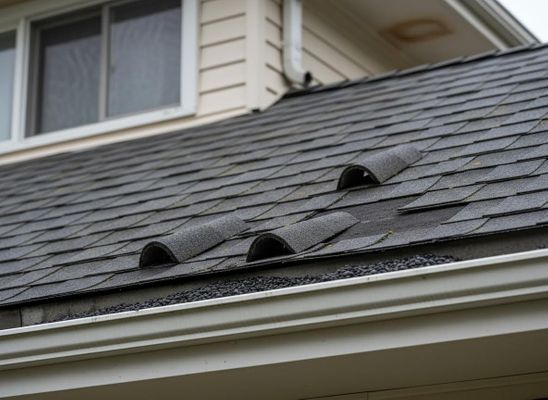 Damaged Roof with Curled Shingles and Granular Gutter Debris