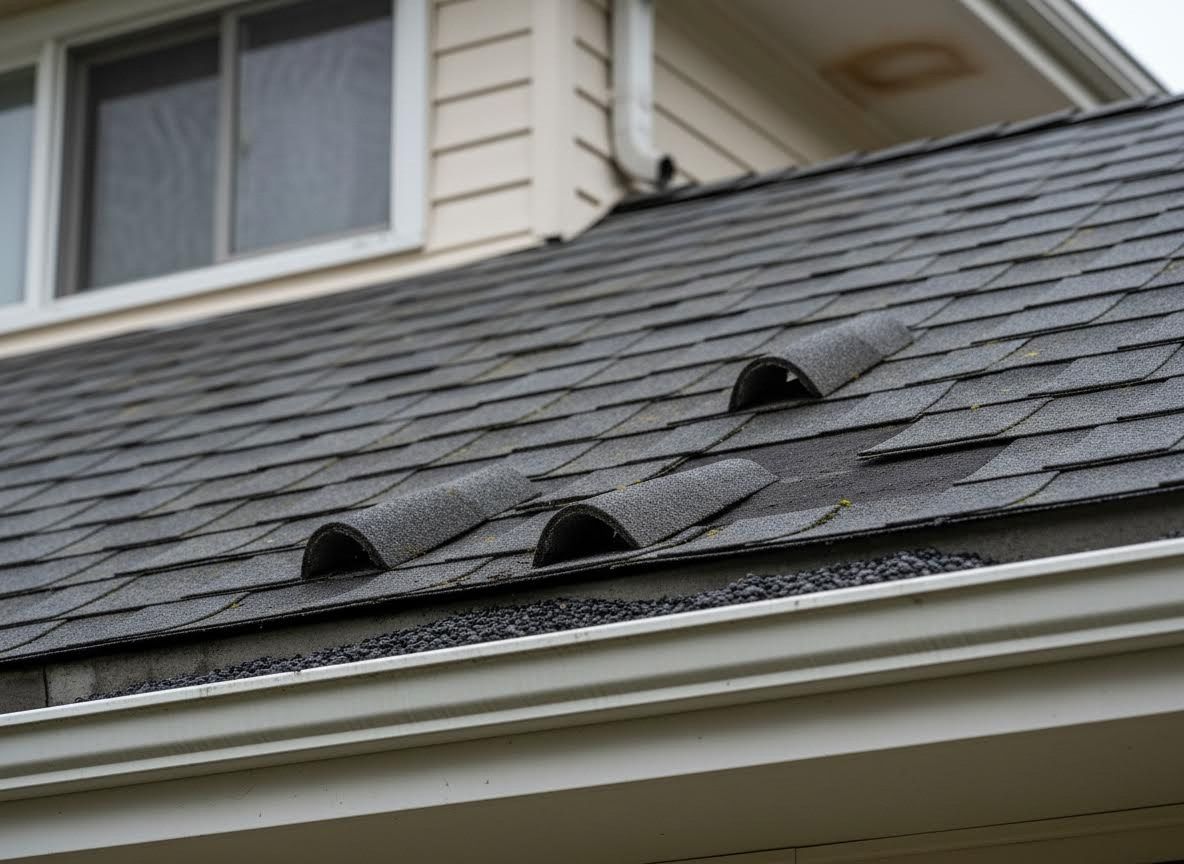 Damaged Roof with Curled Shingles and Granular Gutter Debris