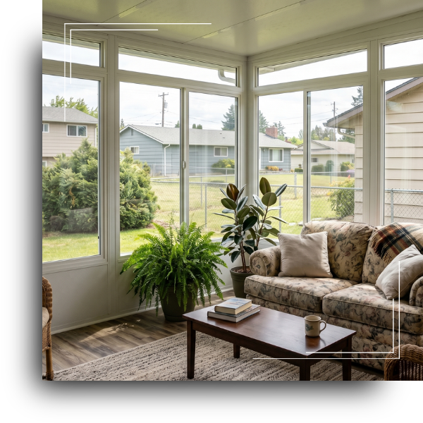 Sunroom attached to a residential home, featuring comfortable furniture, large windows