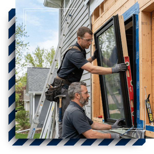 Two professional installers carefully fitting a large black-framed window into a residential construction site.