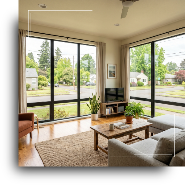 Living room with floor-to-ceiling picture windows