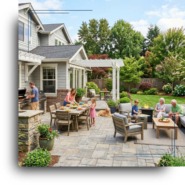 Pacific Northwest backyard featuring a large custom paver patio connected to a modern home, outdoor dining area, built-in outdoor kitchen, comfortable seating, landscaping, and family entertaining outdoors on a bright day