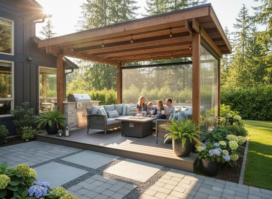 Family enjoying a modern outdoor living space with a pergola and fire pit