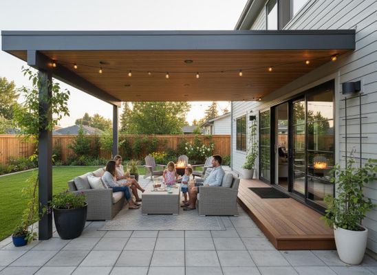 Family Relaxing on Modern Covered Patio with Fire Pit