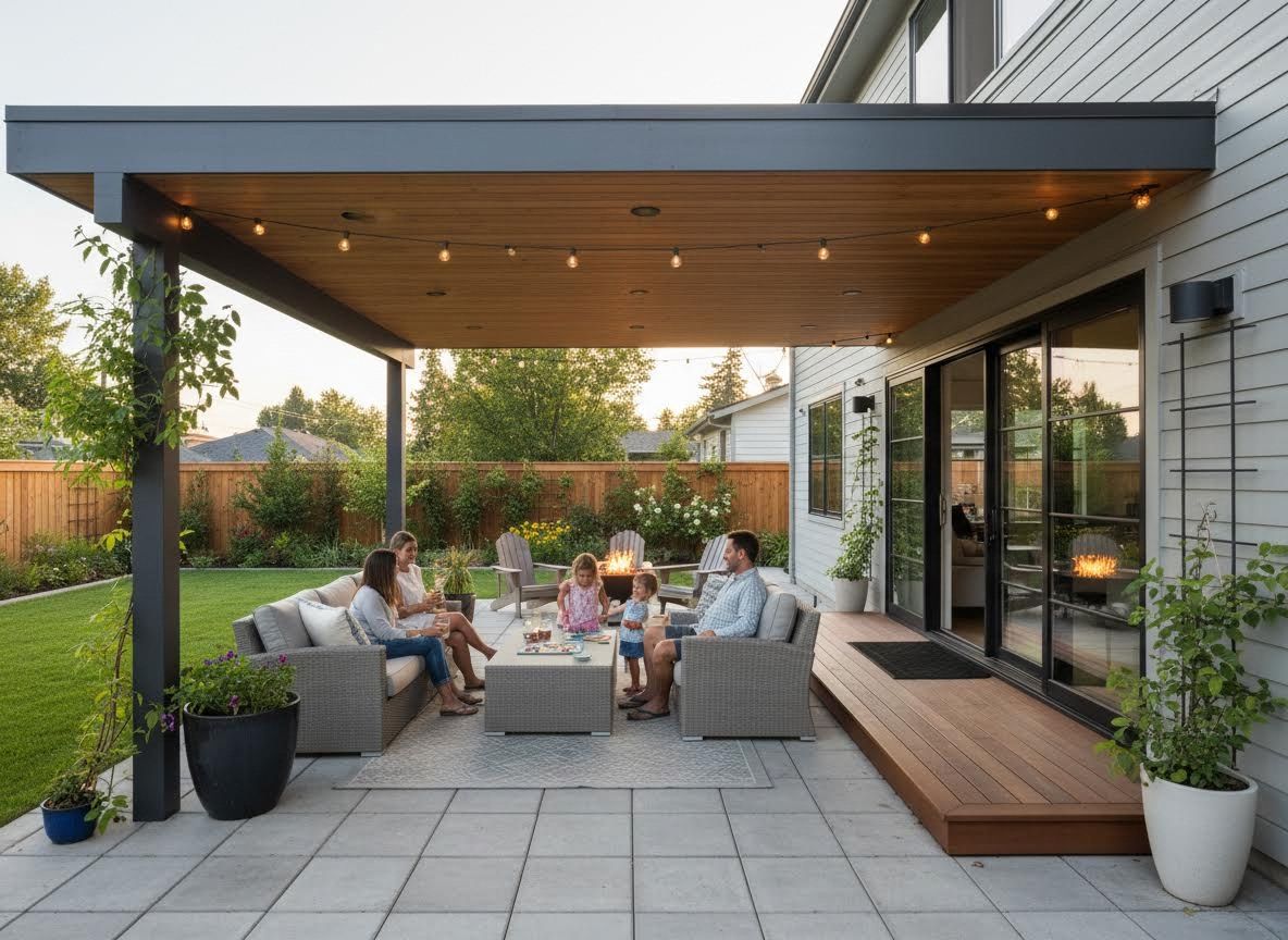 Family Relaxing on Modern Covered Patio with Fire Pit