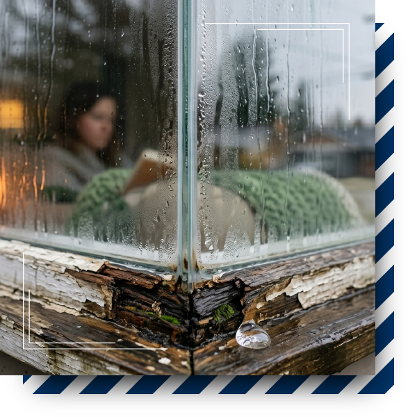 Window with visible condensation and moisture buildup on the glass during cold, rainy weather