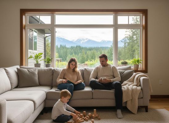 Family relaxing in a bright living room with mountain views