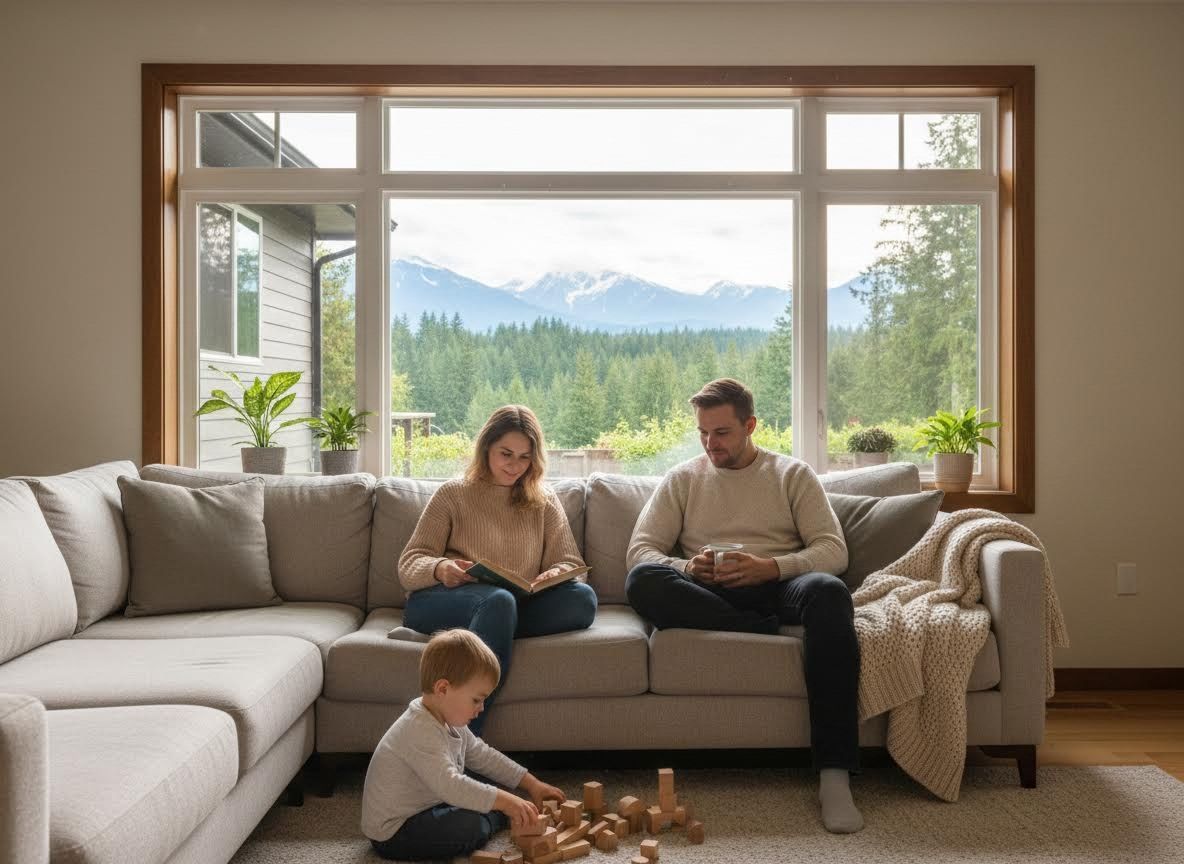 Family relaxing in a bright living room with mountain views