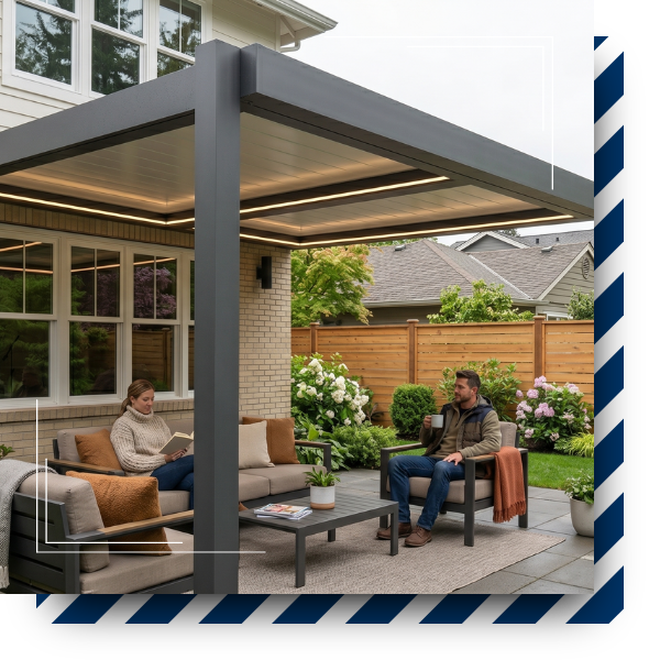 Covered backyard patio attached to a contemporary home in the Pacific Northwest, featuring a stylish aluminum patio cover with recessed lighting, outdoor furniture, and protection from light rain
